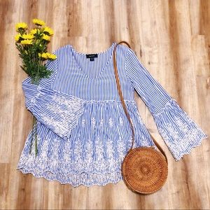 Karen Kane Striped Lace Bell-Sleeve Shirt